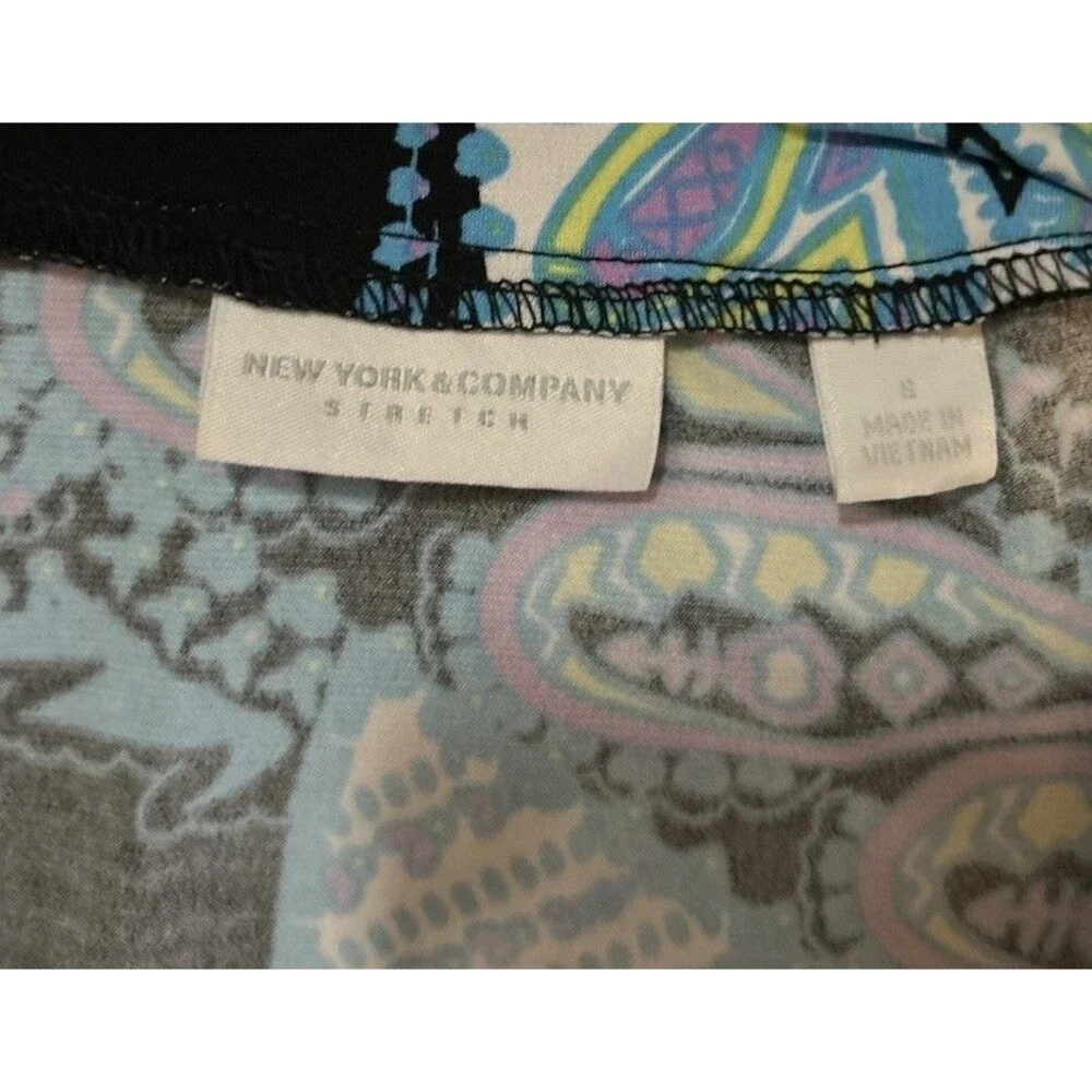 New York and Company Small Bold Multi Color Paisley Dress Stretch Blue Boat Neck - Picture 4 of 5